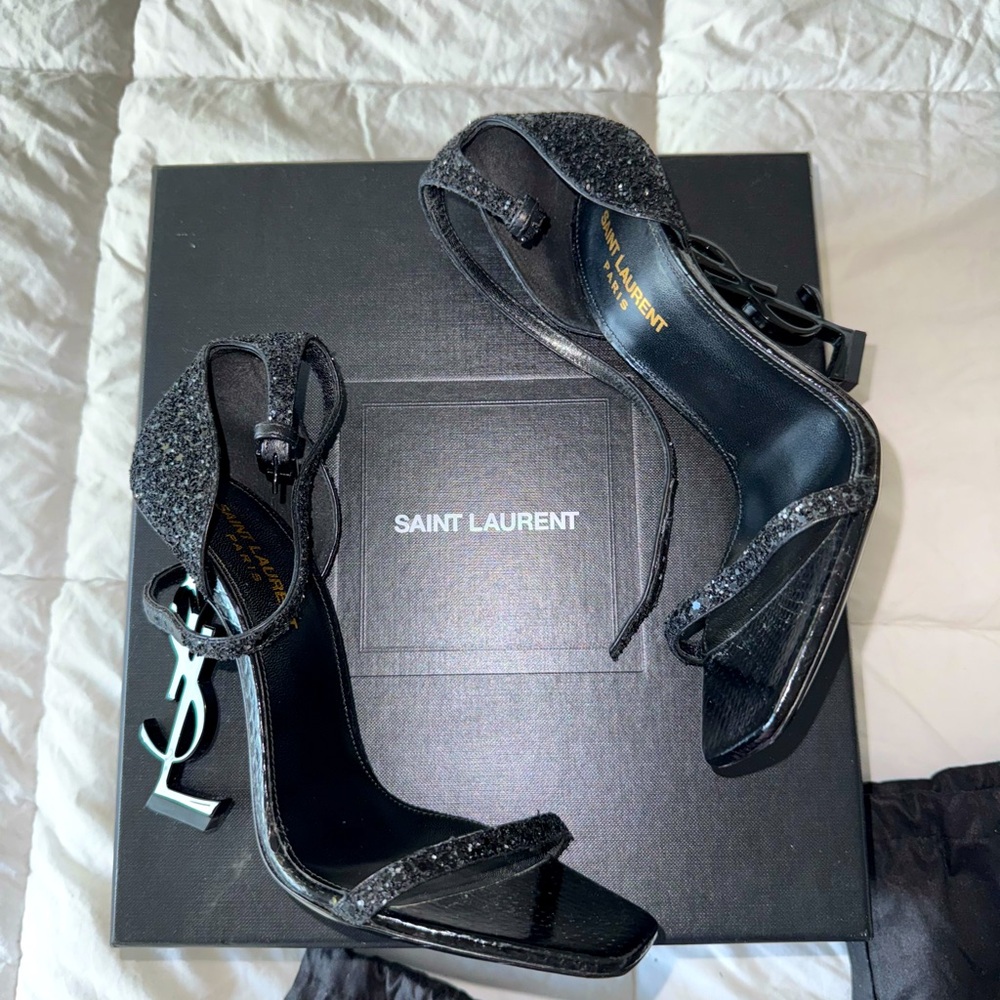 Opyum YSL Logo-Heel Sandals with Black Hardware